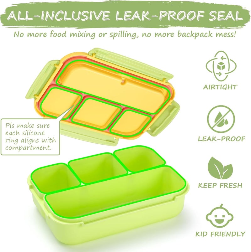 QQKO Bento Box for Kids Adults, School Toddler Lunch Box for Boys Girls, Lunch Box Containers with 4 Compartments, Sauce Container, Utensils, Food Picks and Muffin Cups for School, Pink Yellow Green - Image 5